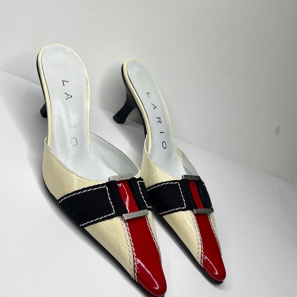 Lario Sz 36 Kitten Heel Patent Leather Ribbon Pointed Toe Slip On Mules Shoes - Picture 3 of 13